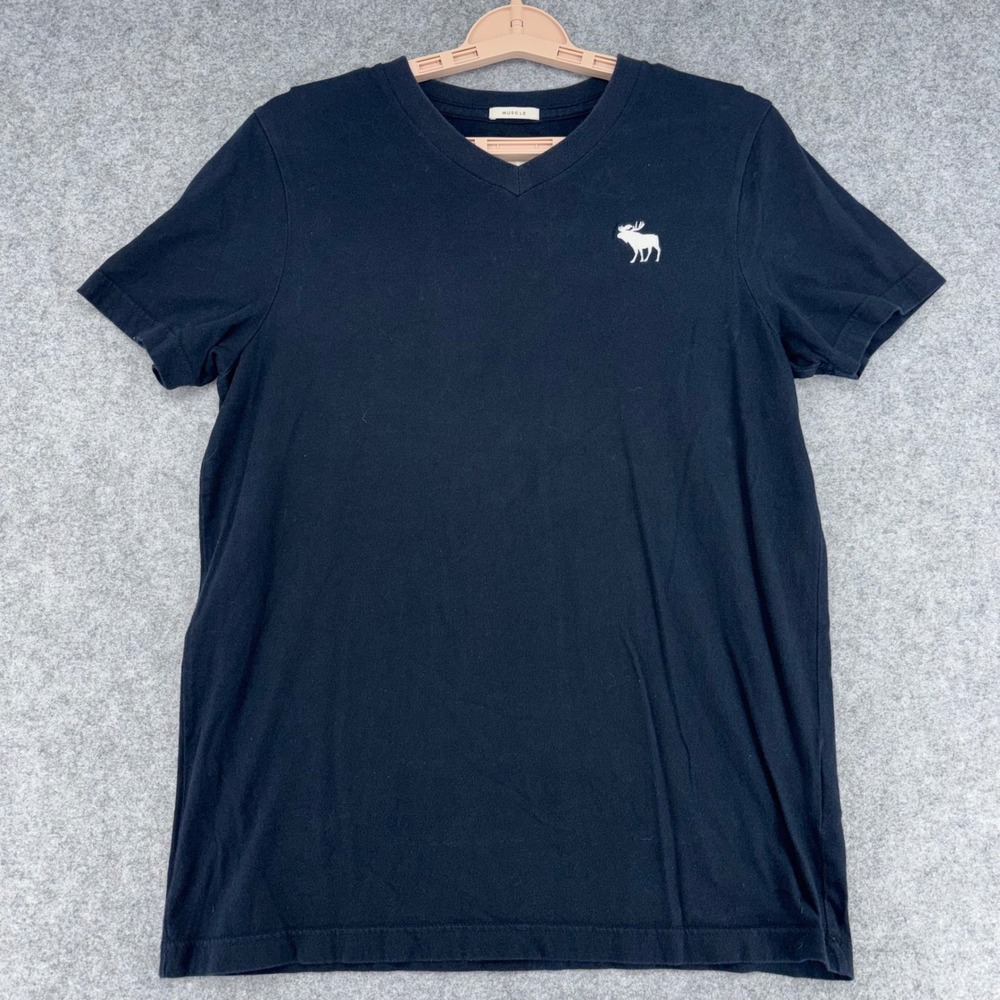 Abercrombie & Fitch Mens Muscle Fit V-Neck T-Shirt Navy Blue Embroidered Logo L